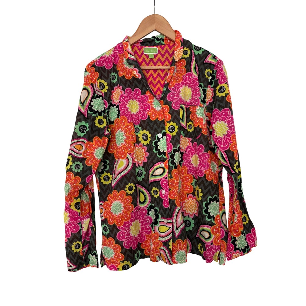 Vera Bradley Whimsical Floral Paisley Cotton Pajama Top Long Sleeve Button L